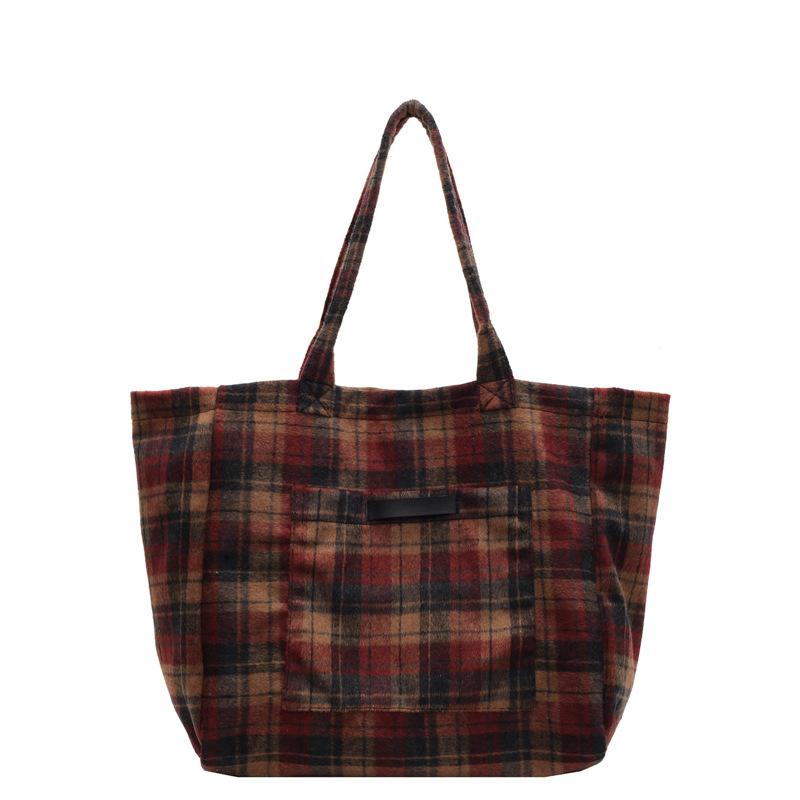Woolen Plaid Large Bag Women's Autumn and Winter 2025 New Tote Bag College Style Casual Large Capacity Shoulder Bag