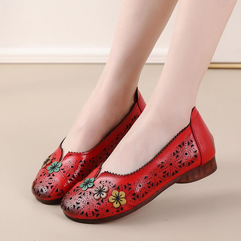 Summer Top Layer Cowhide Flat-soled Casual Beef Tendon Soles Women's Shoes Ethnic Style Genuine Leather Hollow Sandals Women's Mother's Shoes