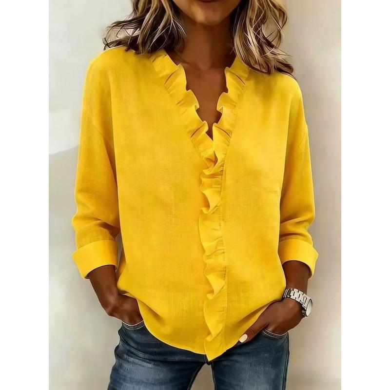 Blusa de Mujer de Aspecto Lino Manga 3/4 Casual Cuello en V Adorno de Volantes Camisa de Botones
