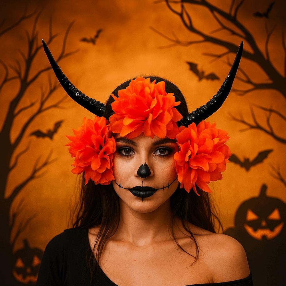 Exaggerate Demon's Horn Headband Simulation Flowers Witch Hair Accessories Gothic Headpiece Festival Decorative Evil Queen