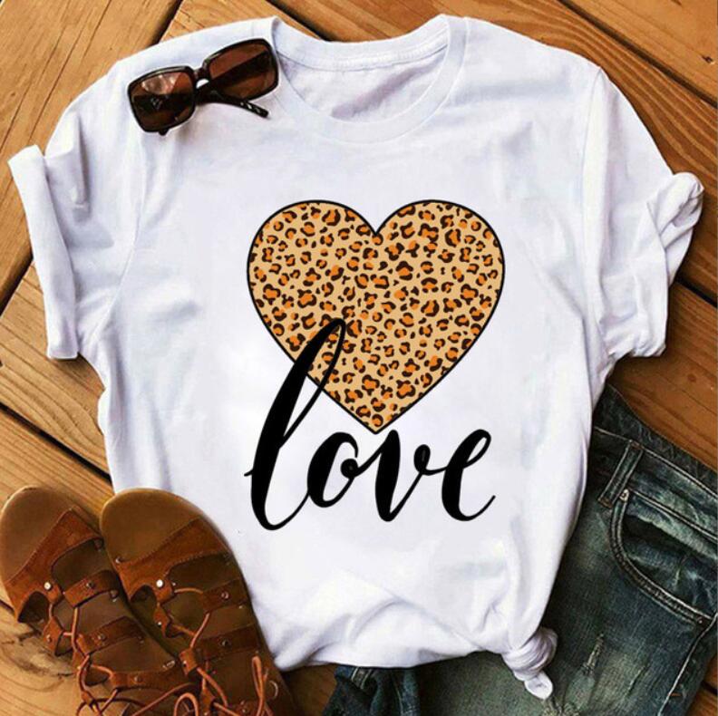 Women's Round Neck White Short-sleeved T-shirt Fashion Printed Valentine's Day Base Shirt Aesthetic Clothes Summer Polyester