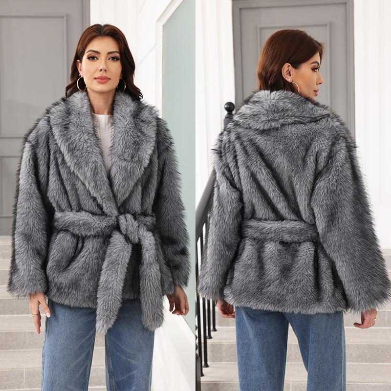 Imitation Fur Belt Belt Medium and Long Jacket Fashion Trend Women's Clothing Warm Thickened Plush Long-sleeved Jacket