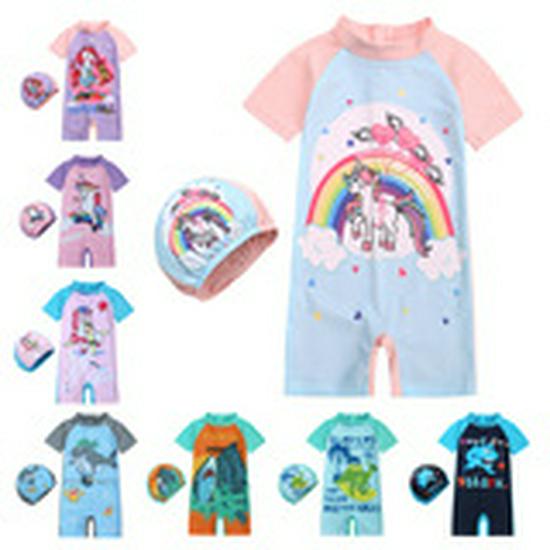 Kids' Floral One-Piece Swimsuit with Zipper and Swim Cap - Boys and Girls' Modest Design