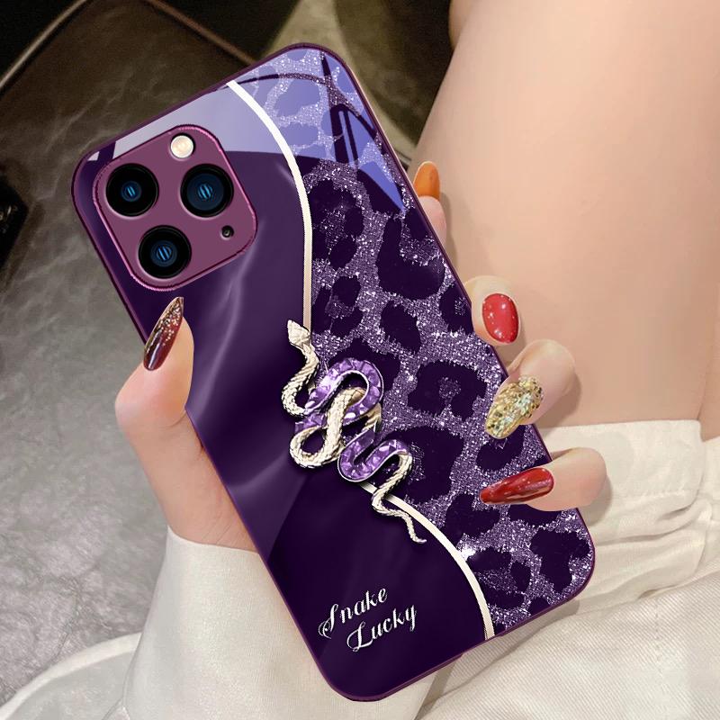Spotted Snake Pink For IPhone 16 Pro Max 15 Pro 14 13 12 Mini 11 XS Max XR 7 8 Plu SE 2022 Tempered Glass Phone Case