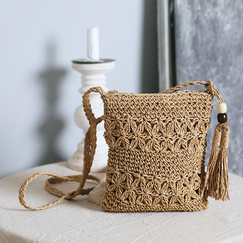 Summer Woven Straw Shoulder Bag with Tassel Bohemian Hollow Out Crochet Beach Crossbody Bag for Women