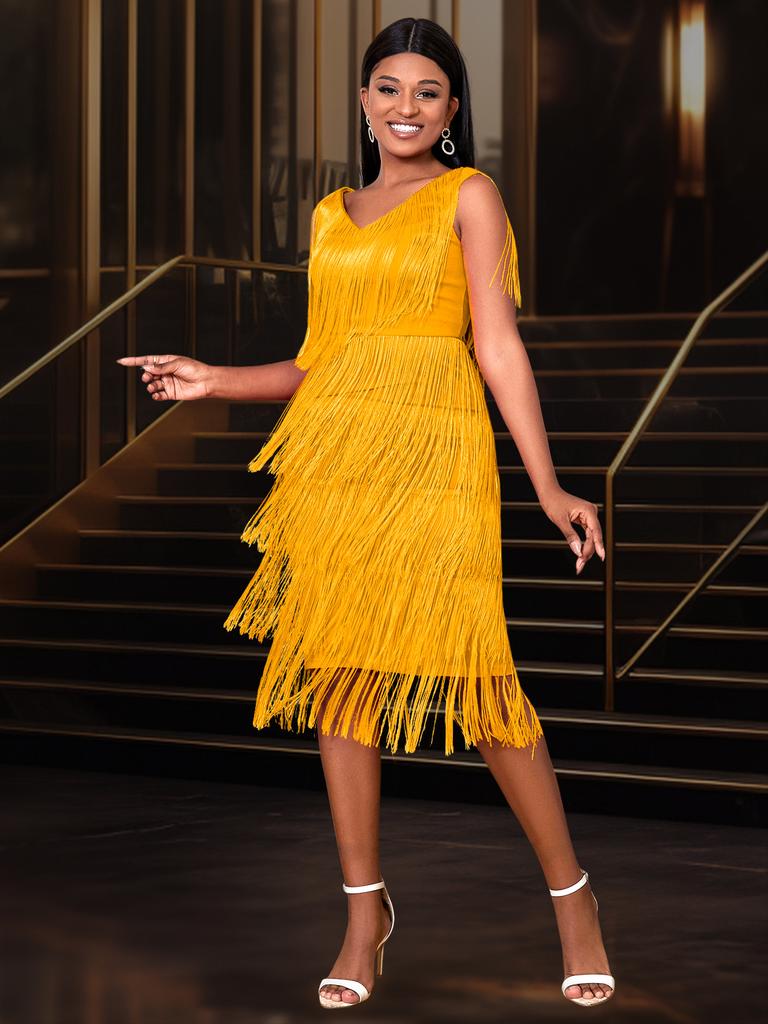 V-neck Fringed High Waist Skirt Elegant Style Banquet Event Dress Partydress