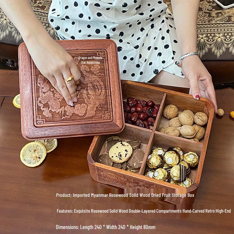 Carved Rosewood Finish Stainless Steel Double-Layer Rotating Dried Fruit Box