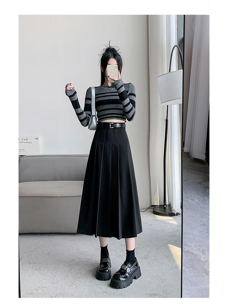 High-Waisted A-Line Pleated Midi Skirt - Elegant, Slimming Autumn Style for Women