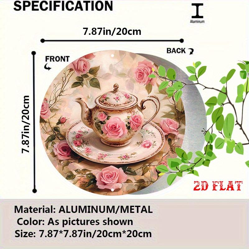 Retro Metal Sign Pink Rose Teapot Round Wall Art Vintage Yard Decor
