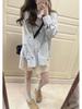 Blue and White Striped Bow-Print Long-Sleeve Shirt for Women - Stylish Early Autumn Mid-Length Top