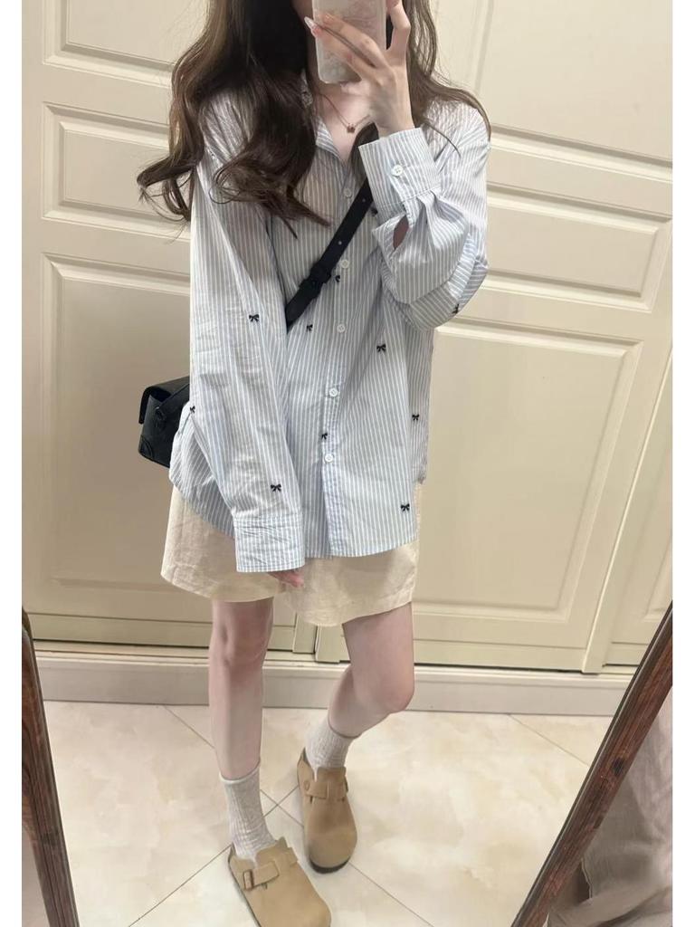 Blue and White Striped Bow-Print Long-Sleeve Shirt for Women - Stylish Early Autumn Mid-Length Top