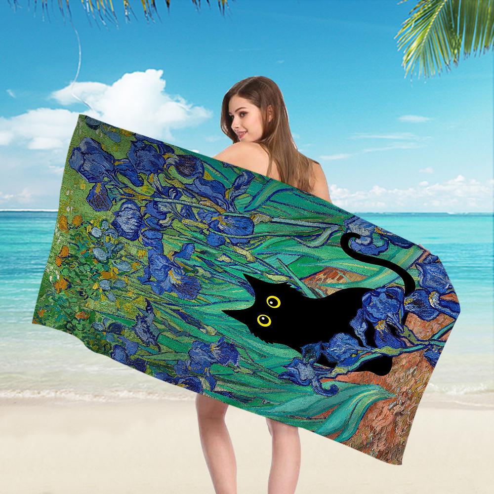 Schwarze Katze Kunst Ölgemälde Handtuch Mikrofaser Strandhandtuch Saugfähig Schnell trocknend Weich Yoga Schwimmen Resort Bergsteigen Handtuch