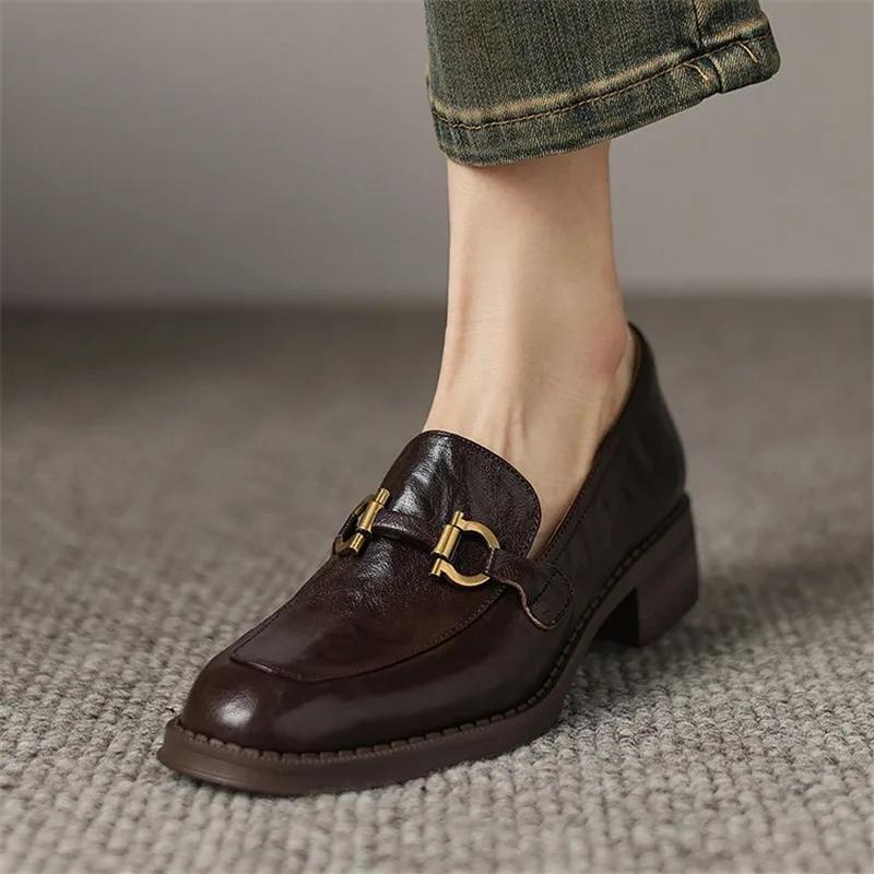 Fashion New Spring Sheep Leather Woman Shoes Round Toe Women Pumps Shoes for Women Chunky Heel Loafers Fashion Retro Casual Shoes