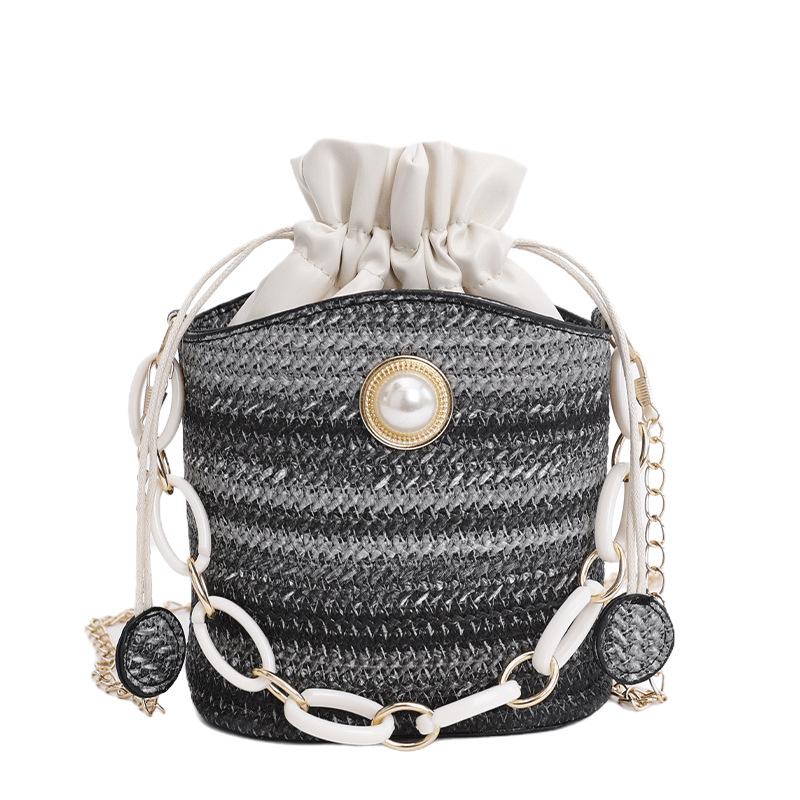 

New pearl cute bucket bag diagonal span pearl straw bag cotton woven beach bag mini drawstring bag чёрный