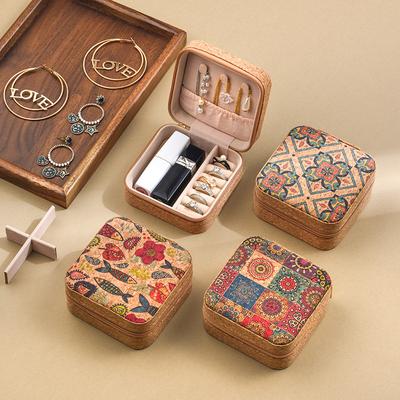 Vintage Kurk Sieraden Organizer Doos Bohemia Draagbare Oorbellen Opbergdoos Bloemen Retro Ketting Opbergkoffer Display Reizen