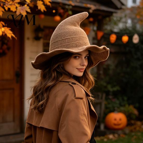 Vintage Pointed Witch Hat Women Hat, Foldable Wide Brim Knitted Cap, Halloween Cosplay for Autumn Winter, Themed Party Costume Accessory Sun