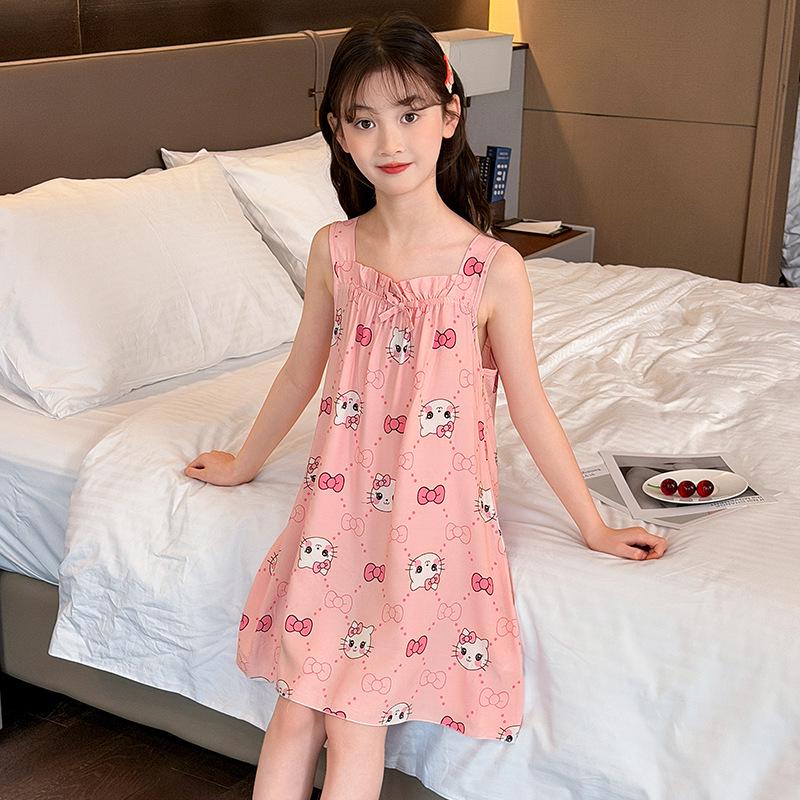 Sommer Mädchen Ärmelloses Baumwollgaze Nachthemd Pyjama