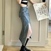 2023 Women's A-Line High-Waisted Blue Denim Midi Skirt with Slimming Slit and Large Hem