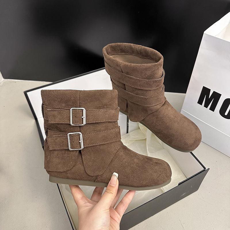 

Универсальные ботильоны с пряжкой на ремне, женские, 2025, осенняя новинка, дизайн, замшевые, на толстом каблуке, рыцарские ботинки 40 темно-коричневого