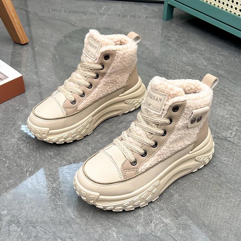 Invierno Cálido Lana de Cordero Estudiantes Zapatos de Algodón Marea Casual Planos Zapatillas PU Felpa Botines al Tobillo con Cordones para Mujer Botas de Nieve para Señoras