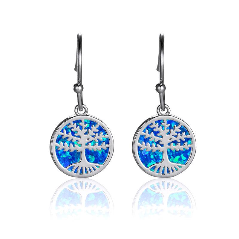 Wish Korean Style Gold Platinum Blue Opal Tree of Life Disc Women s Versatile Ear Hook Earrings