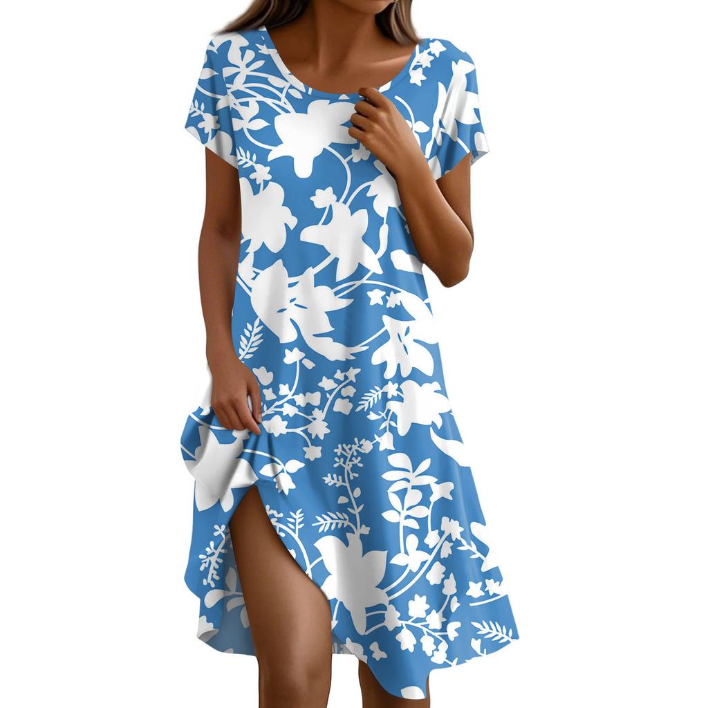 Short Sleeve Boho Dress For Women Casual Loose Fit Summer Sundress Floral Print Dress With Pockets