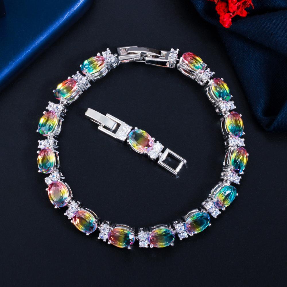 

Pera Fashion Colorful Round Rainbow Mystic Crystal Silver Color Women Jewelry Chain Link Bracelets for Best Friend Gift B195