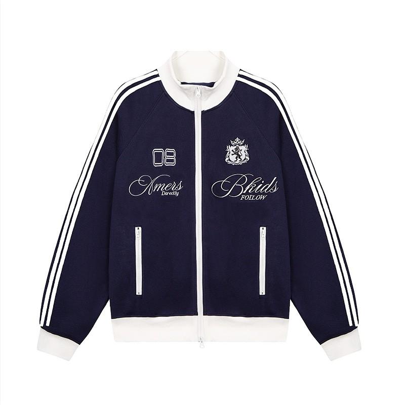 Unisex Retro Streetwear Zip-Up Jacket With Embroidered Patch Stand Collar Loose Fit Casual Wear