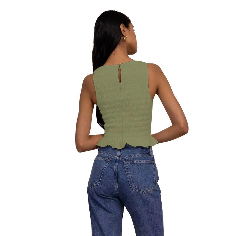 Women's Spring New Pleated High Stretch Slim Top with Ruffled Edge