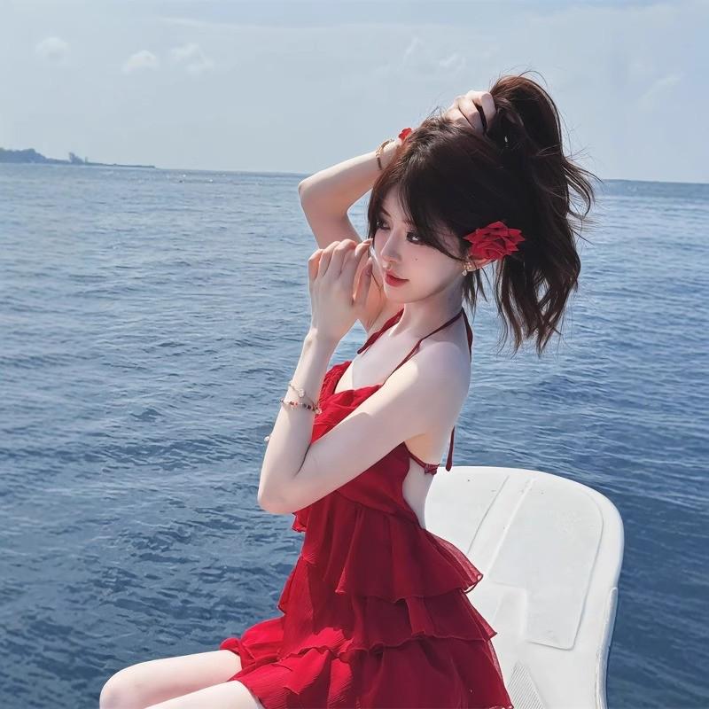 2026 Summer Women's Red Slip Dress - Hot Girl Vacation Style, Slimming A-line Short Layered Skirt