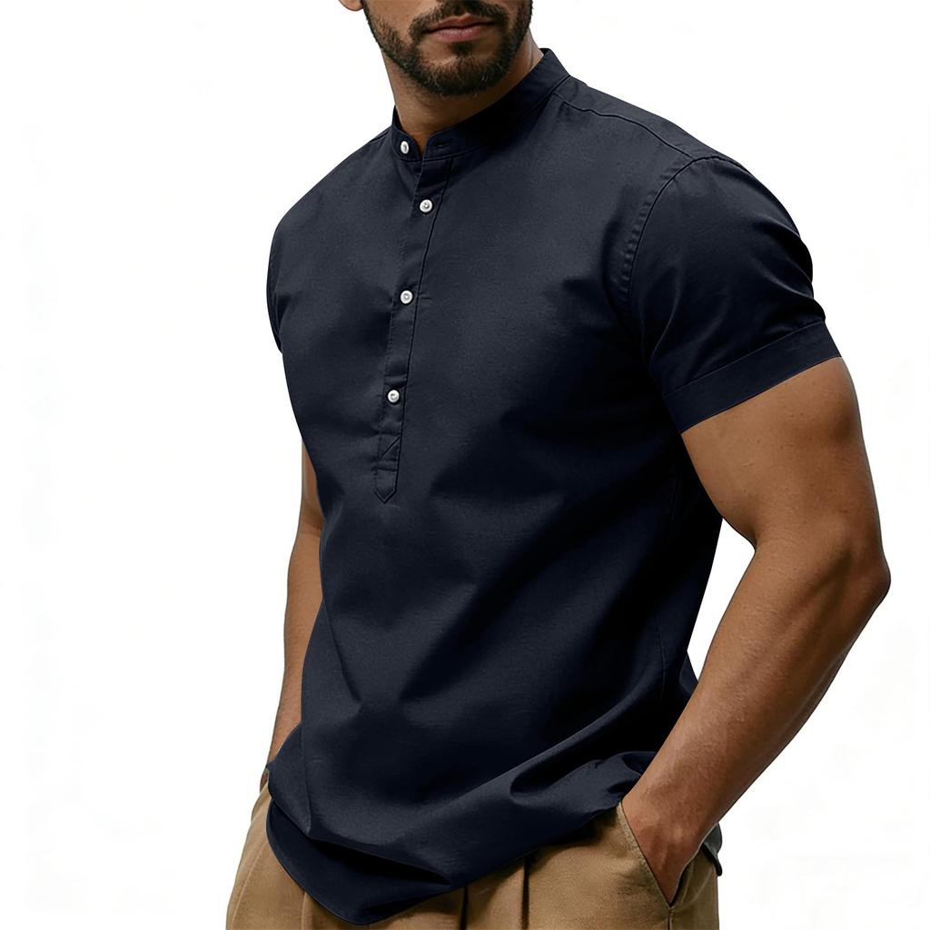 Męska casualowa koszulka z krótkim rękawem i dekoltem w serek w jednolitym kolorze, casualowy top z mieszanki bawełny i lnu z ozdobnymi guzikami.