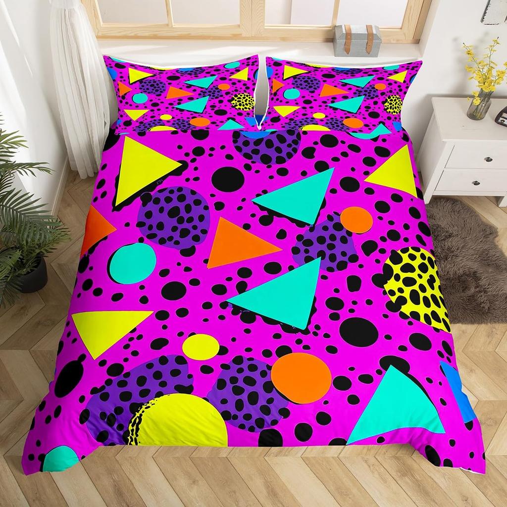 Memphis Geometric Duvet Cover Twin KingRetro Style Round Triangle Shapes Quilt Cover Colorful Graphic 80s 90S Style Bedding Set