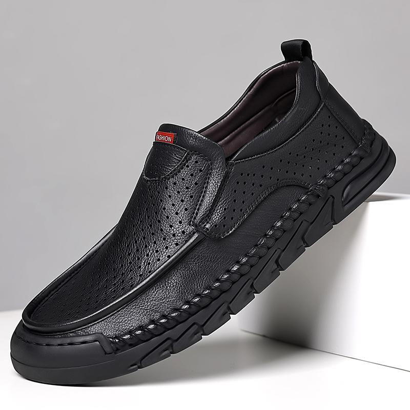 

2025 summer new men s hollow hole shoes one pedal punching casual sandals soft leather soft sole daily single shoes 38