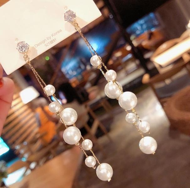 White Artificialn Pearl Long Drop Stud Earrings for Women Fashion Jewelry
