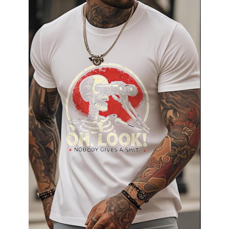 European Size Men'S Large Skeleton with Binoculars OH, LOOK! NOBODY GIVES A SHIT. Print T-Shirt Comfortable Breathable for Casual Wear, Plus Size