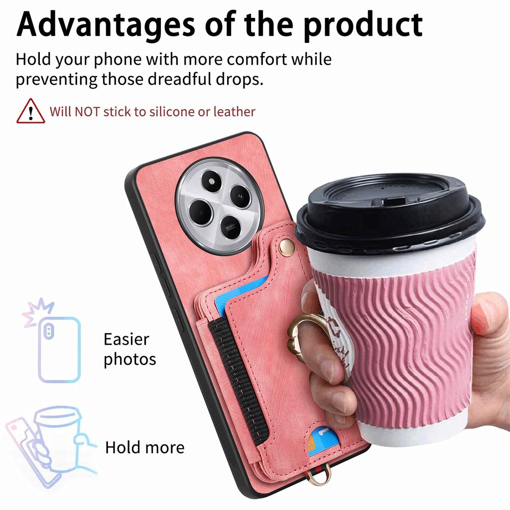 RFID Blocking Case For Xiaomi Redmi 14C 4G/14R 5G/Poco C75 4G Handbag Leather+TPU Phone Cover Card Slots,Ring Holder