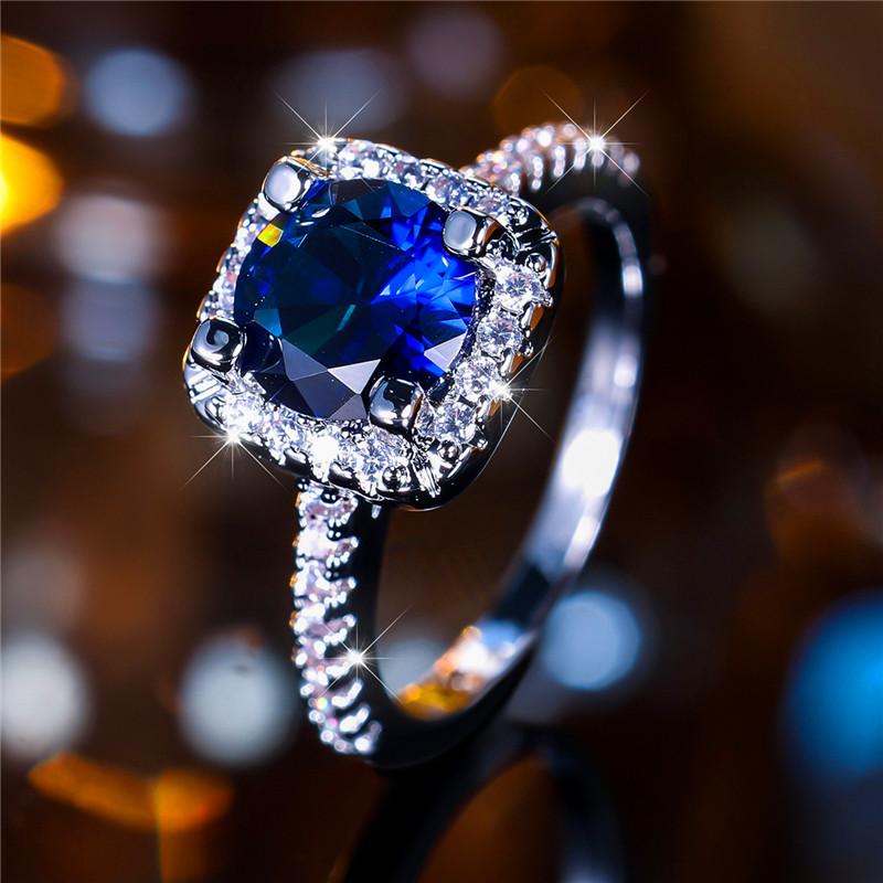 Luxury Female Blue Round Zircon Stone Ring Trendy Silver Color Engagement Cute Bride Wedding Jewelry Gift For Women
