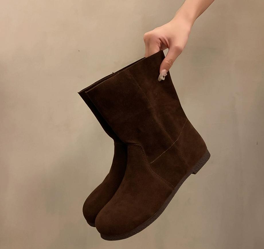 2026 New Fashion Autumn Women Mid-Calf Boots High Quality Cow Suede Leather Slip-On Flat Heel Casual Boots Ladies Handmade Retro
