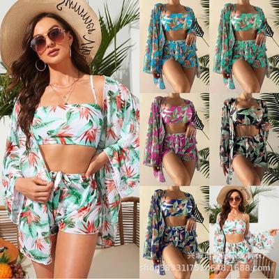 New Fashion Bikini Bikini Sexy Blouse Long-sleeved Multi-color Printed Four-piece Women's Swimsuit