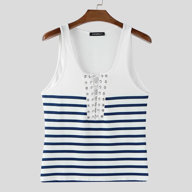 

INCERUN Men Bandage Neck Sleeveless Striped Casual Tank Tops Undershirts 5XL синий