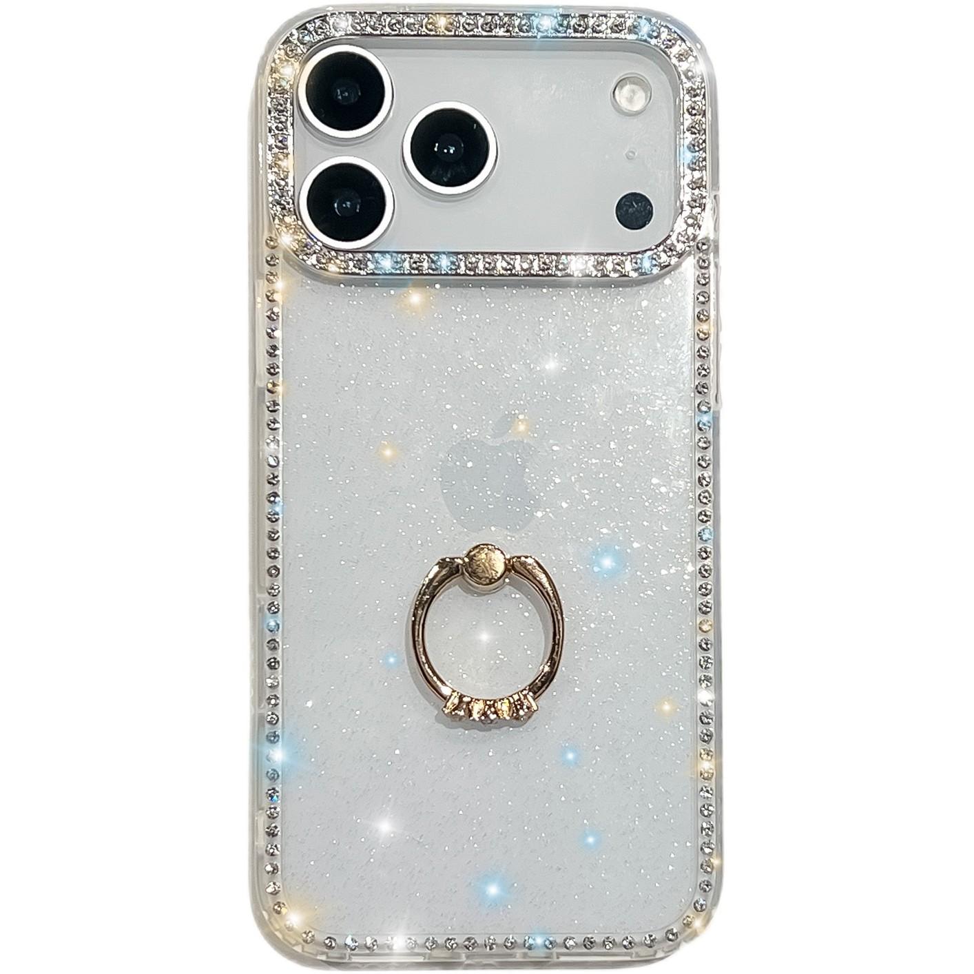 

For iPhone 17 Pro Max Case with Ring Kickstand Rhinestone Edge TPU+PC IMD Phone Cover Glitter Transparent