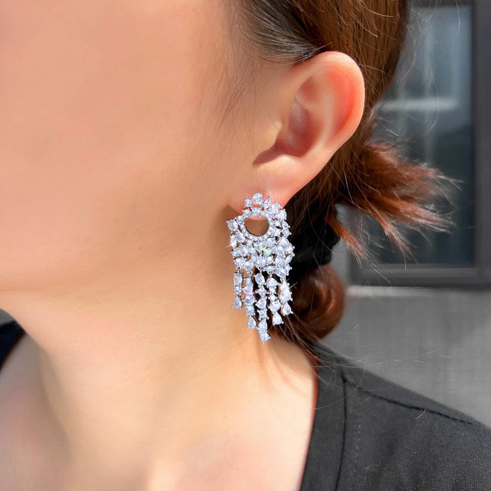 Zircons Luxury Clear White Cubic Zircon Symmetry Long Tassel Earrings for Women Trendy Engagement Wedding Jewelry Gifts E1148