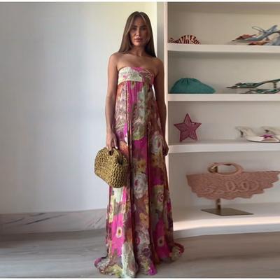 Printed Women Long Dress Backless Pleats A-line Large Hem Robe Elegant Female Party Holiday Long Dresses