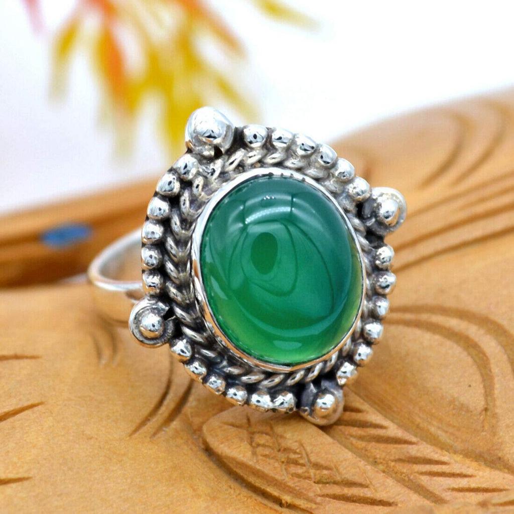 Natural Green Onyx Ring With Gemstone 925 Sterling Silver Ring Handmade Stone Solid Boho Chic Stone Jewelry for Women - 5.77 Gms