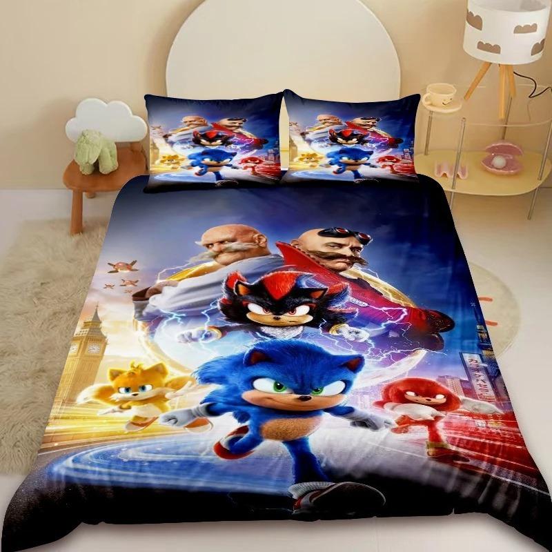 Cartoon Kids Sonic Duvet Cover Cool Anime Bedding Set Comforter Cover with 1/2 Pillowcase Queen King Bedroom Children Teens