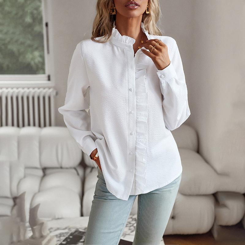 

Women s Commut Long Sleeved Shirt Loose Causal Elegant Temperament Top Half High Collar Ruffle Edge Single Breasted Blouses Spring /Summer New Fashion S білий