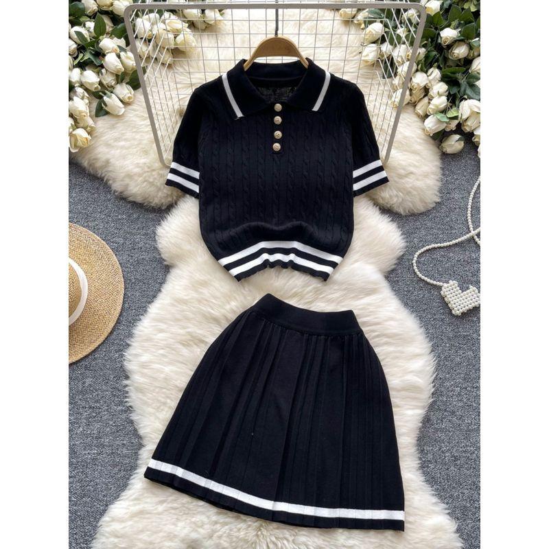 Summer New Arrival Easiest for Match Two-Piece Dress of Knitted Sweater Women's Retro Contrast Color Short Sleeve Tops + High Waist Pleated Skirt