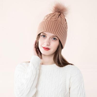 Gestrickte verdrehte Haarbällchen-Mütze Damen Outdoor Winter Neu Acryl mit Krempe Wollmütze Warme Mütze