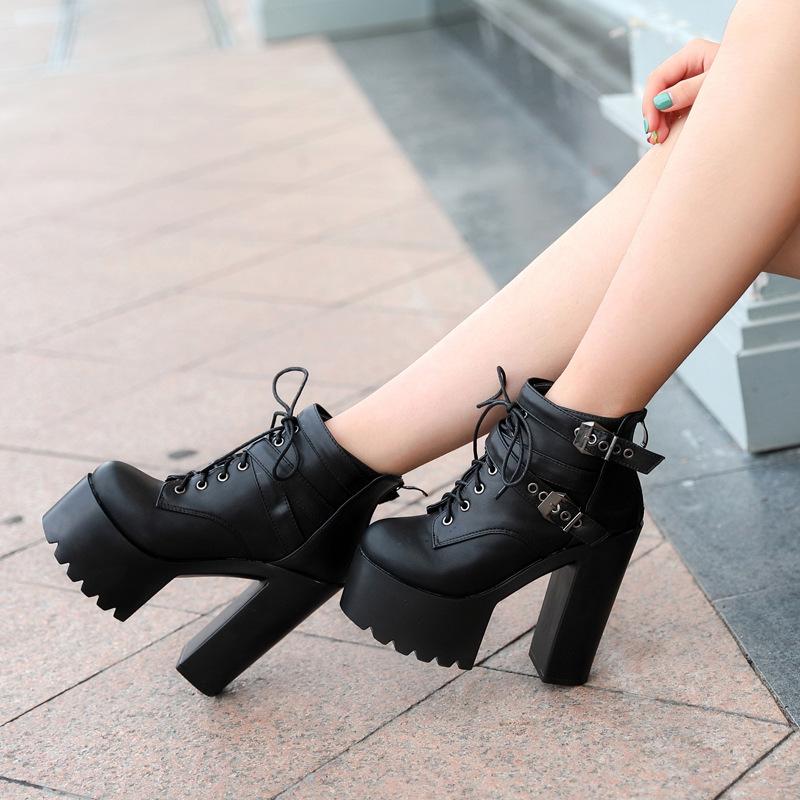 Fashion Black Women Spring Autumn Lace up Soft Leather Platform Woman Party Ankle High top Heels 14CM ghn89