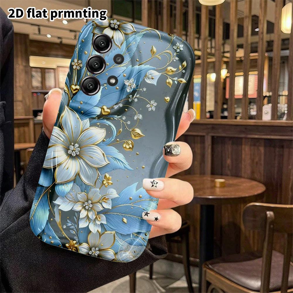 Phone Case: 2D Flat Samsung Galaxy A34 A35 M05 M06 S20 S22 S21 FE Plus 5G Cover, Blue and Gold Diamond Flower Design, Christmas and Halloween Gift